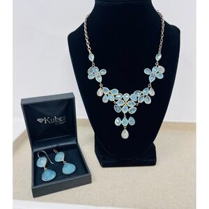 Sterling Silver Blue Chalcedony Bib Necklace & Drop Earrings Set
